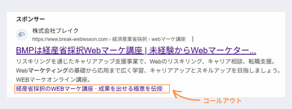 リスティング広告における「コールアウト」の図解
説明文の下に、簡潔なフレーズで特徴を表示できる。(例:経産省採択のWEBマーケ講座・成果を出せる極意を伝授)