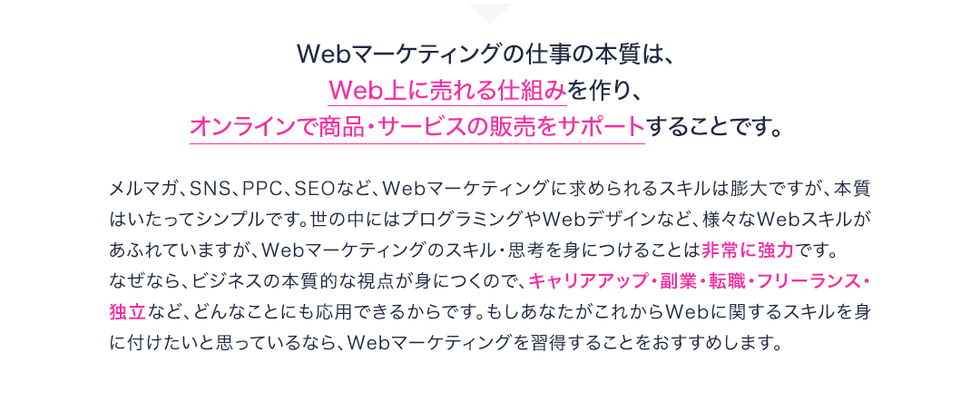 Webマーケティングの仕事の本質は、Web上で売れる仕組みを作り、オンラインで商品サービスの販売をサポートすることです